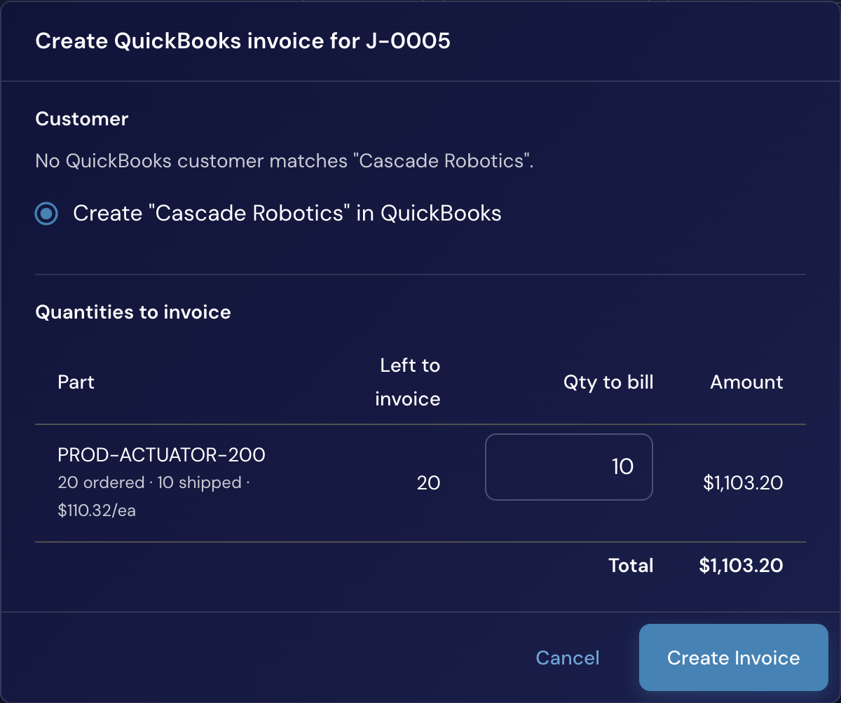 Creating a QuickBooks invoice from a Jigged job — billing shipped quantities, synced to QuickBooks