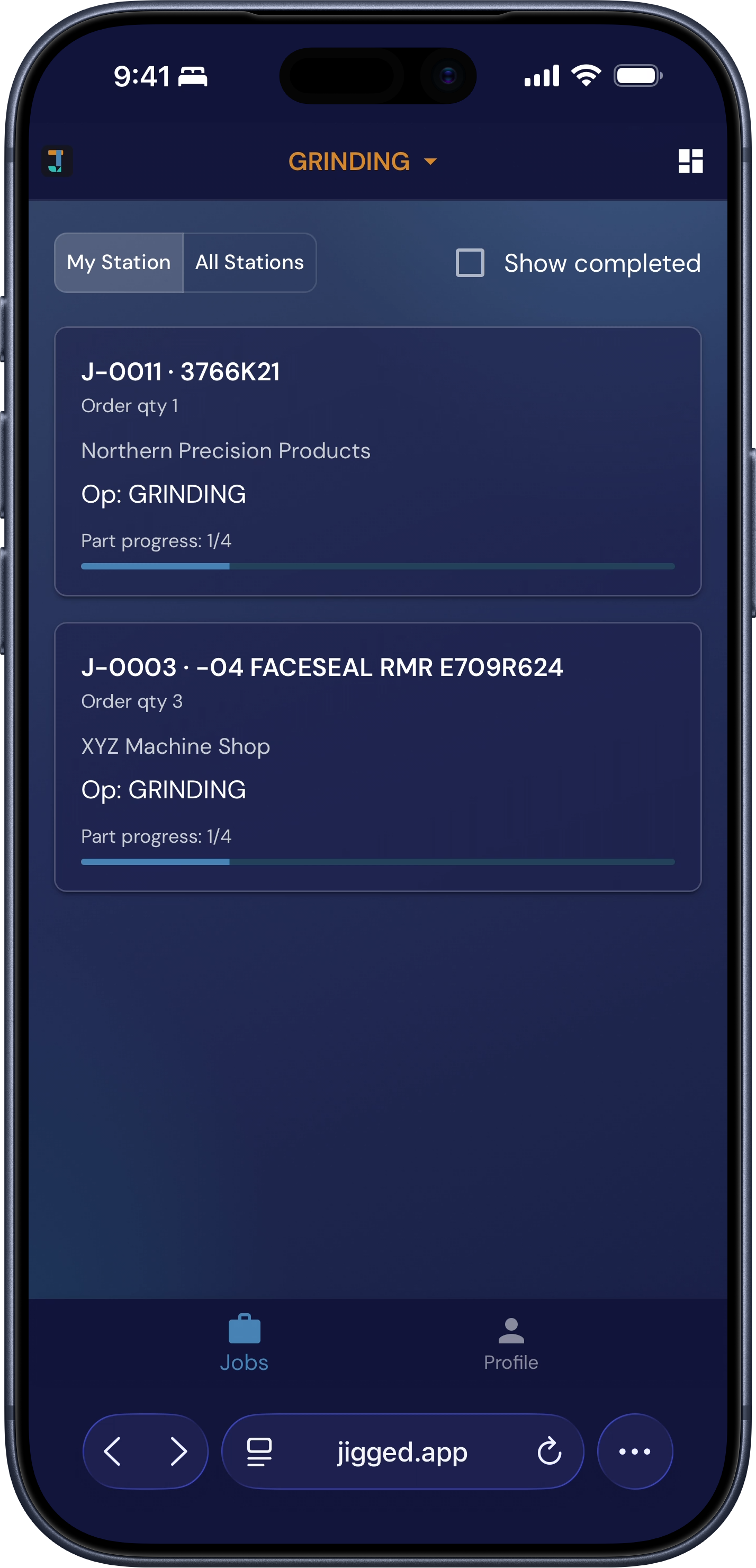 The Jigged operator view on a phone — the station job queue and a job step with one-tap mark complete