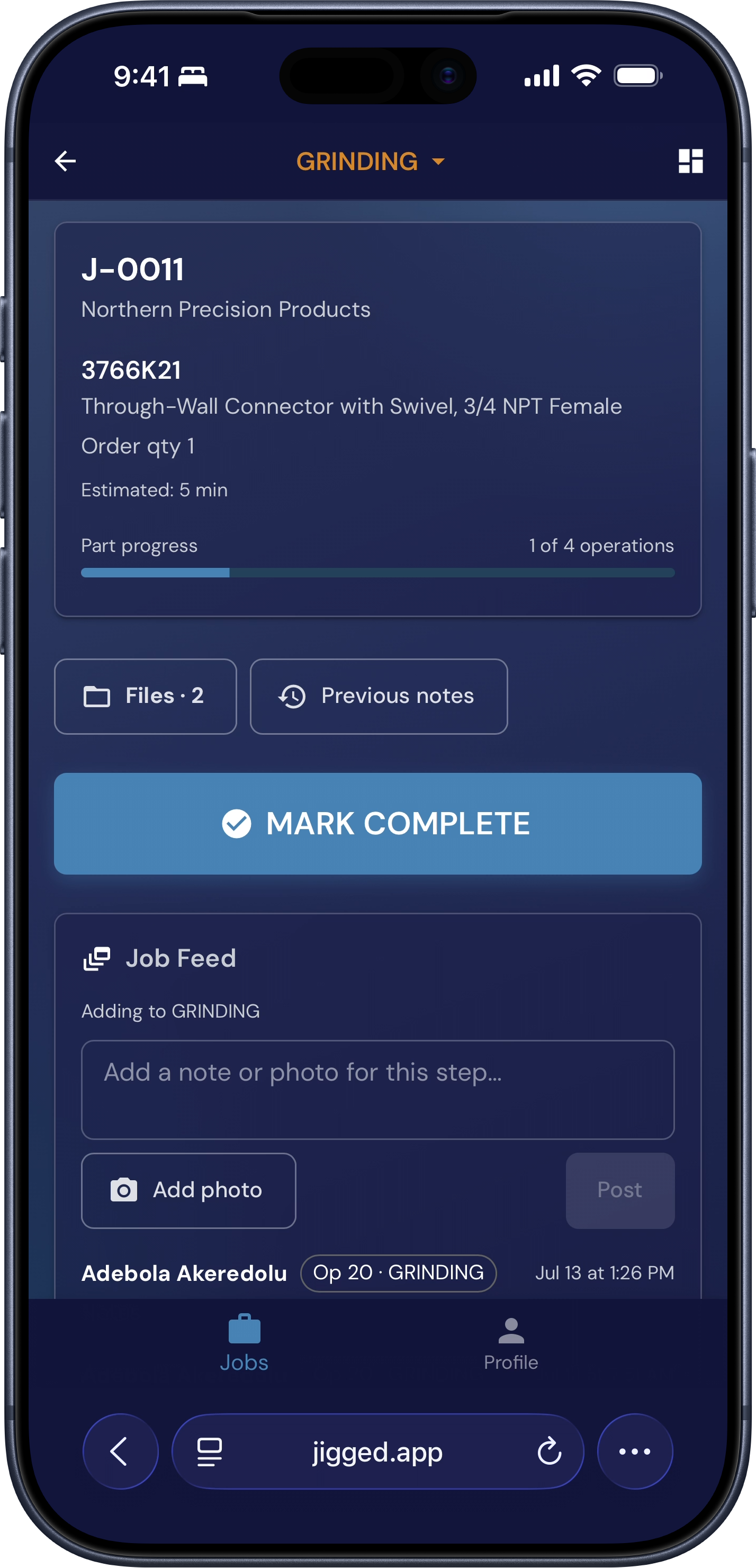 The Jigged operator view on a phone — the station job queue and a job step with one-tap mark complete
